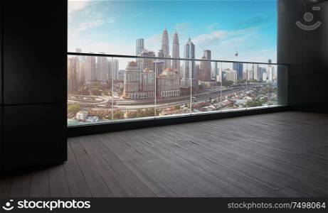Black wall and wood floor balcony with Kuala Lumpur city background .
