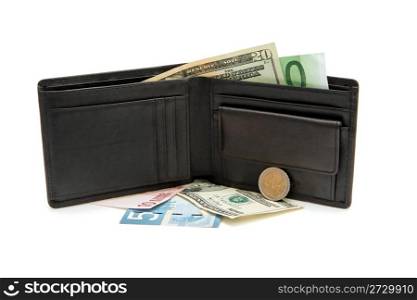 Black wallet, banknotes and coins on white background