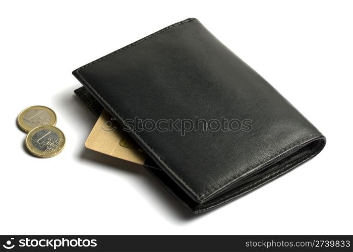 Black wallet with coins and credit card isolated on white