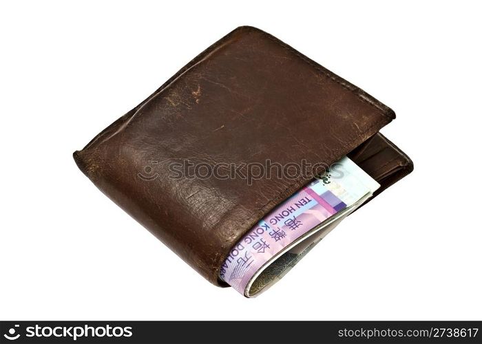 Black wallet with ten HK Dollars isolated on white