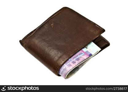 Black wallet with ten HK Dollars isolated on white