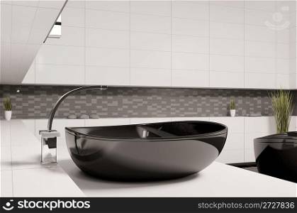 Black washbasin in bathroom 3d render