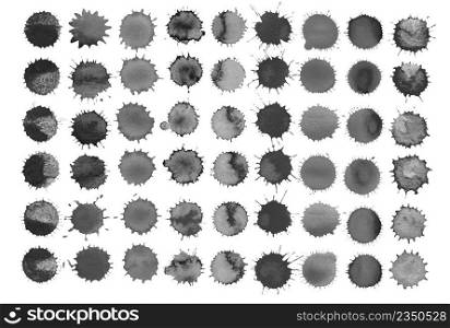 Black watercolor painted stains set. Set of watercolor black blobs isolated on white background. Set of black watercolor stain.Paint black spots