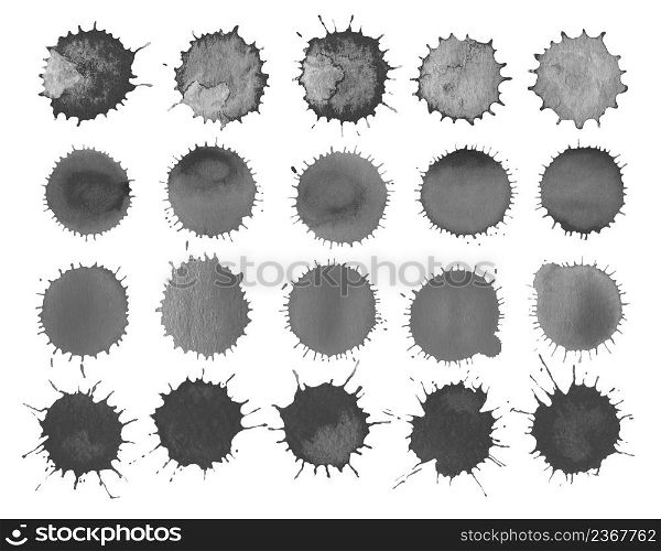 Black watercolor painted stains set. Set of watercolor black blobs isolated on white background. Set of black watercolor stain.Paint black spots