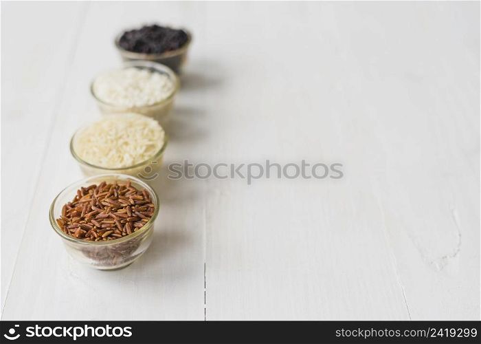 black white brown puff rice bowls arranged row with space text