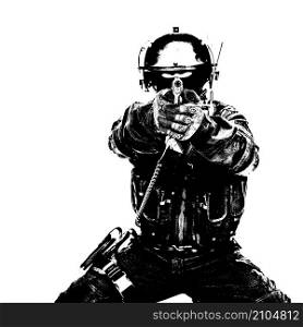 Black white image of spec ops soldier in face mask aiming his pistol