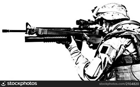Black white image of US marine in uniform. US marine