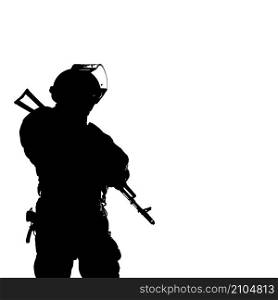 Black white image, silhouette of police officer with weapons