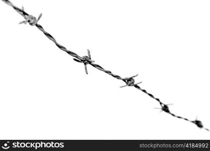 Black & white photograph of barbed wire. Shallow depth-of-field