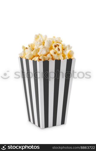 Black white striped carton bucket with tasty cheese popcorn, isolated on white background. Fast food, movies, cinema and entertainment concept.
