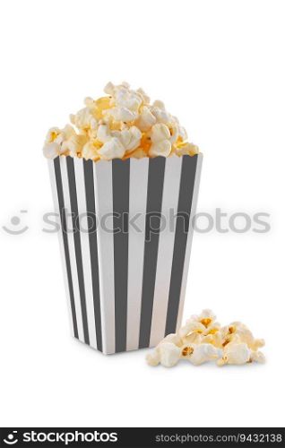 Black white striped carton bucket with tasty cheese popcorn, isolated on white background. Box with scattering of popcorn grains. Fast food, movies, ci≠ma and entertainment concept.