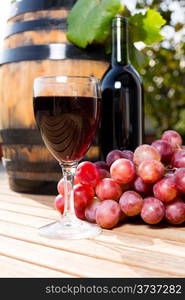 Black wine glass with freshly harvested grapes