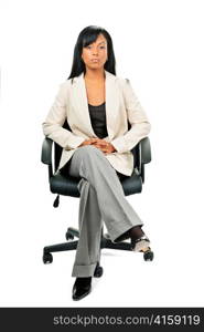 Black woman business manager sitting in leather office chair