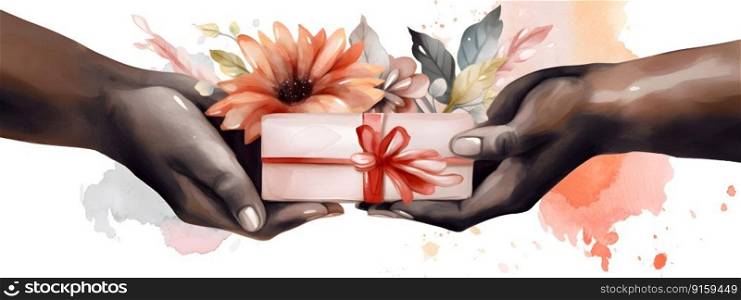 Black woman hands holding gift and flowers bouquet. Happy Mother&rsquo;s day, Women&rsquo;s day, Valentine&rsquo;s Day greeting card. Watercolor illustration. Romantic, relationship, love concept. AI Generated content