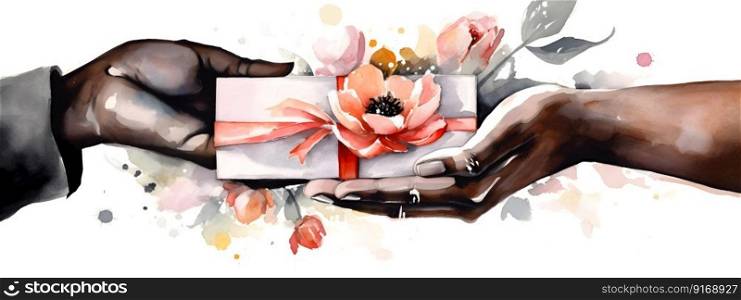 Black woman hands holding gift and flowers bouquet. Happy Mothers day, Women day, Valentines Day greeting card. Watercolor illustration. Romantic, relationship, love concept. AI Generated content