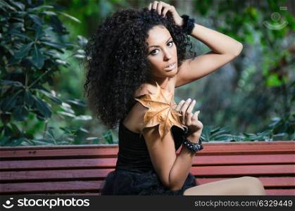 Black woman with a dry leaf in an urban park. Beautiful female with afro hairstyle. Young girl wearing autumn clothes.