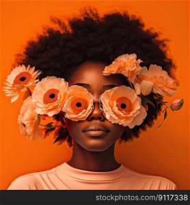 Black woman with afro hair covering her eyes with flowers on colorful background. Generative AI