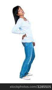 Black woman with back pain standing isolated on white background