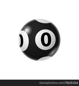 Black zero snooker or billiard ball isolated sphere. Vector lottery bingo object. Zero snooker ball isolated black sphere number