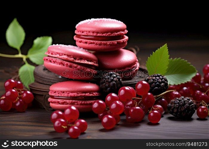 Blackberries and currants with macaroons. Generative AI