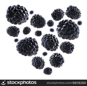 Blackberries in the shape of a heart on a white background.. Blackberries in the shape of a heart on a white background