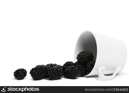 blackberries rolling from a fell over cup. blackberries rolling from a fell over cup on white background