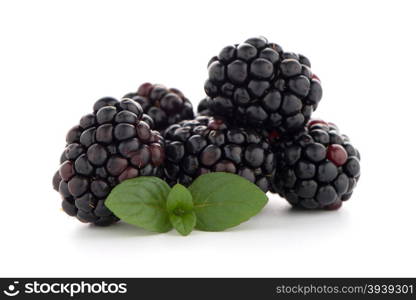 Blackberries with leaves isolated on white background.