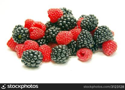 blackberry and raspberry on white isolated background