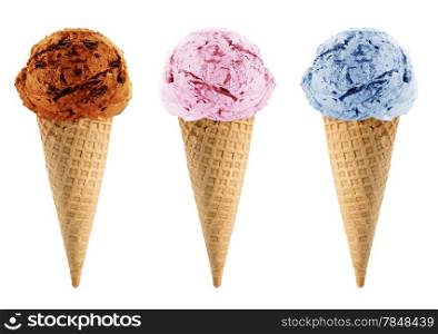 Blackberry, strawberry and chocolate Ice cream in the cone on white background with clipping path.