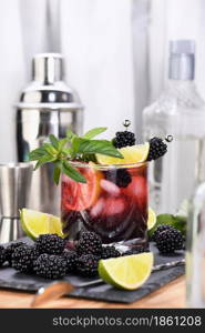 Blackberry summer mojito cocktail. Cold refreshing organic alcoholic drink with berries, lime, mint