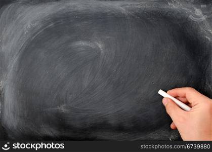Blackboard background with a hand hold chalk, leaving copy space