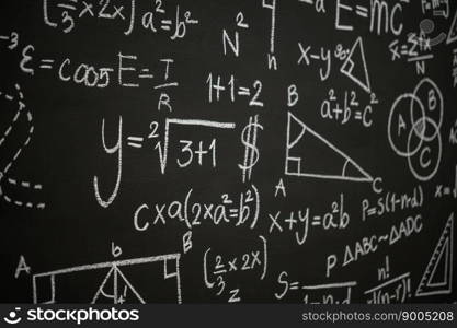 Blackboard inscribed with scientific formulas and calculations in physics, mathematics and electrical circuits. Science and education background.