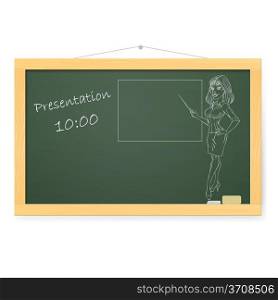Blackboard with business woman and organizing presentations. Illustration on white
