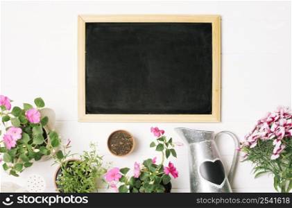 blackboard with flowerpots watering can