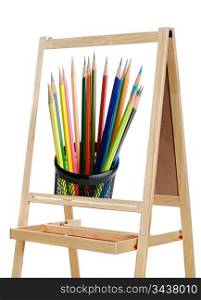 blackboard with image of many colors pencils