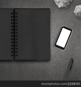 blank 3d mobile phone with blank note book on stone desk as concept