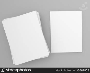 Blank A4 paper template sheets on gray background. 3d render illustration.. Blank A4 paper template sheets on gray background. 