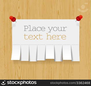 Blank advertisement with cut slips on wooden background