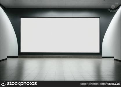 Blank advertising billboard in a large-scale square size in modern hallway. Concept of the media mounting with empty wall background. Finest generative AI.. Blank advertising billboard in a large-scale square size in modern hallway.