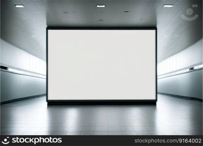 Blank advertising billboard in a large-scale square size in modern hallway. Concept of the media mounting with empty wall background. Finest generative AI.. Blank advertising billboard in a large-scale square size in modern hallway.