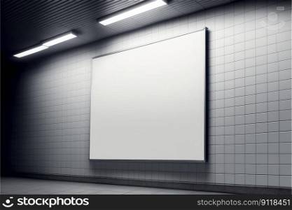 Blank advertising billboard in a large-scale square size indoor pavement with white light. Concept of the media with empty wall background. Finest generative AI.. Blank advertising billboard in a large-scale square size indoor pavement.