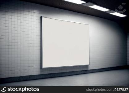 Blank advertising billboard in a large-scale square size indoor pavement with white light. Concept of the media with empty wall background. Finest generative AI.. Blank advertising billboard in a large-scale square size indoor pavement.