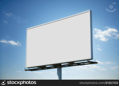 Blank advertising billboard in a large-scale square size on clear blue sky with white cloud. Concept of the media with empty background. Finest generative AI.. Blank advertising billboard in a large-scale square size on clear blue sky.