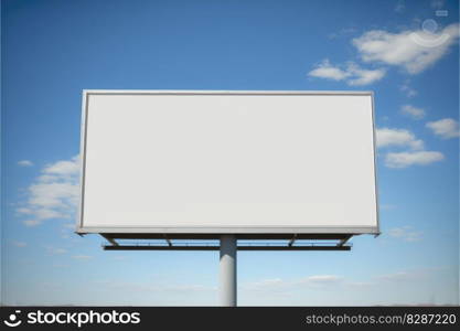 Blank advertising billboard in a large-scale square size on clear blue sky with white cloud. Concept of the media with empty background. Finest generative AI.. Blank advertising billboard in a large-scale square size on clear blue sky.