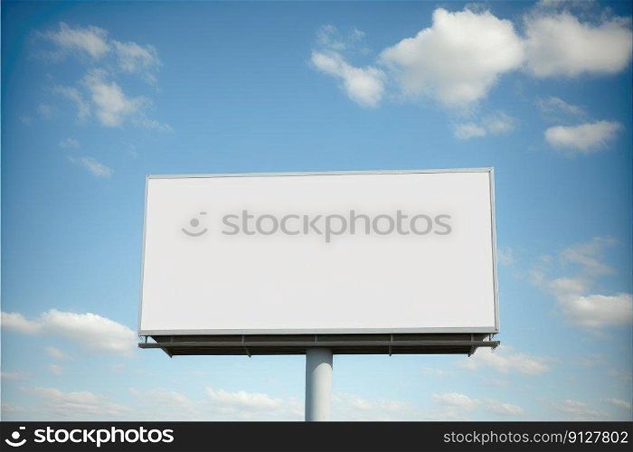 Blank advertising billboard in a large-scale square size on clear blue sky with white cloud. Concept of the media with empty background. Finest generative AI.. Blank advertising billboard in a large-scale square size on clear blue sky.