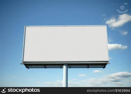 Blank advertising billboard in a large-scale square size on clear blue sky with white cloud. Concept of the media with empty background. Finest generative AI.. Blank advertising billboard in a large-scale square size on clear blue sky.