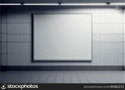 Blank advertising billboard in a large-scale square size with white light indoor. Concept of the media mounting with empty wall background in gray. Finest generative AI.. Blank advertising billboard in a large-scale square size with white light indoor.