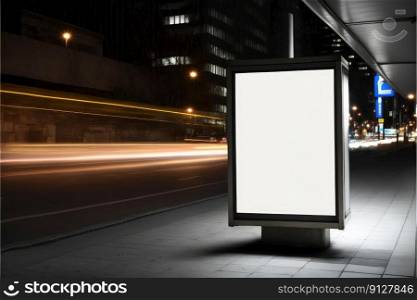 Blank advertising billboard in square outdoor with neon background on sidewalk. Concept of the media with empty screen in electric light. Finest generative AI.. Blank advertising billboard in square outdoor with neon background on sidewalk.