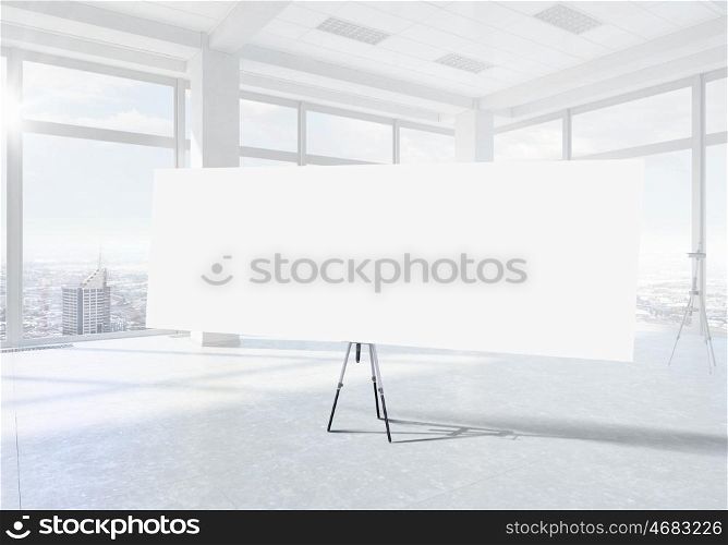 Blank banner in office. Empty banner in white interior modern minimalistic style 3d render