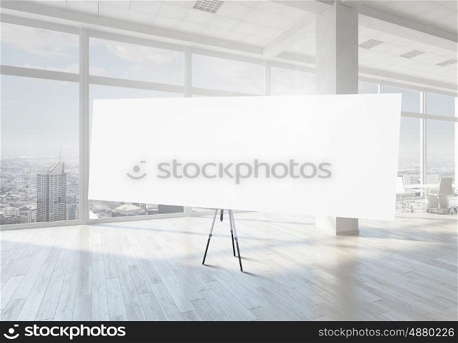 Blank banner in office. Empty banner in white interior modern minimalistic style 3d render